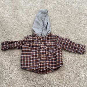 Carter's Brown and Blue Plaid Button Down with Gray Hood